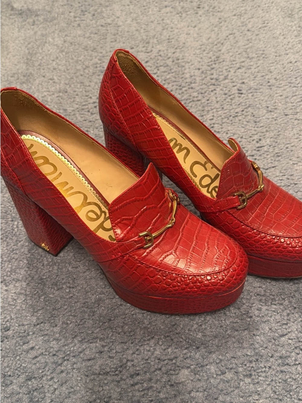 Sam Edelman Red Croc-Embossed Platform Loafers with Gold Bit Accent